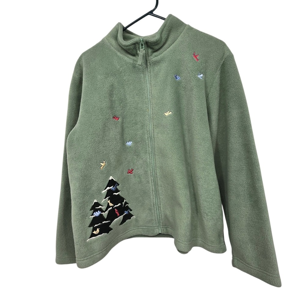 Vintage 90s Y2K Fleece Embroidered Winter Jacket Womens L Sage Green Bird Tree